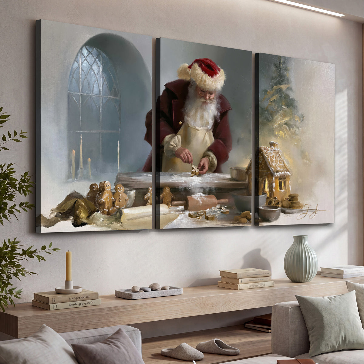 Santa working with dough beside a gingerbread house in a softly lit Christmas kitchen 3 piece canvas wall art displayed in a console