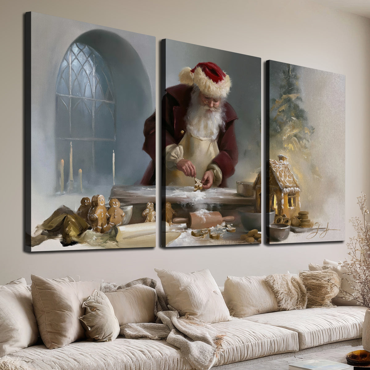 Santa working with dough beside a gingerbread house in a softly lit Christmas kitchen 3 piece canvas wall art room and product view