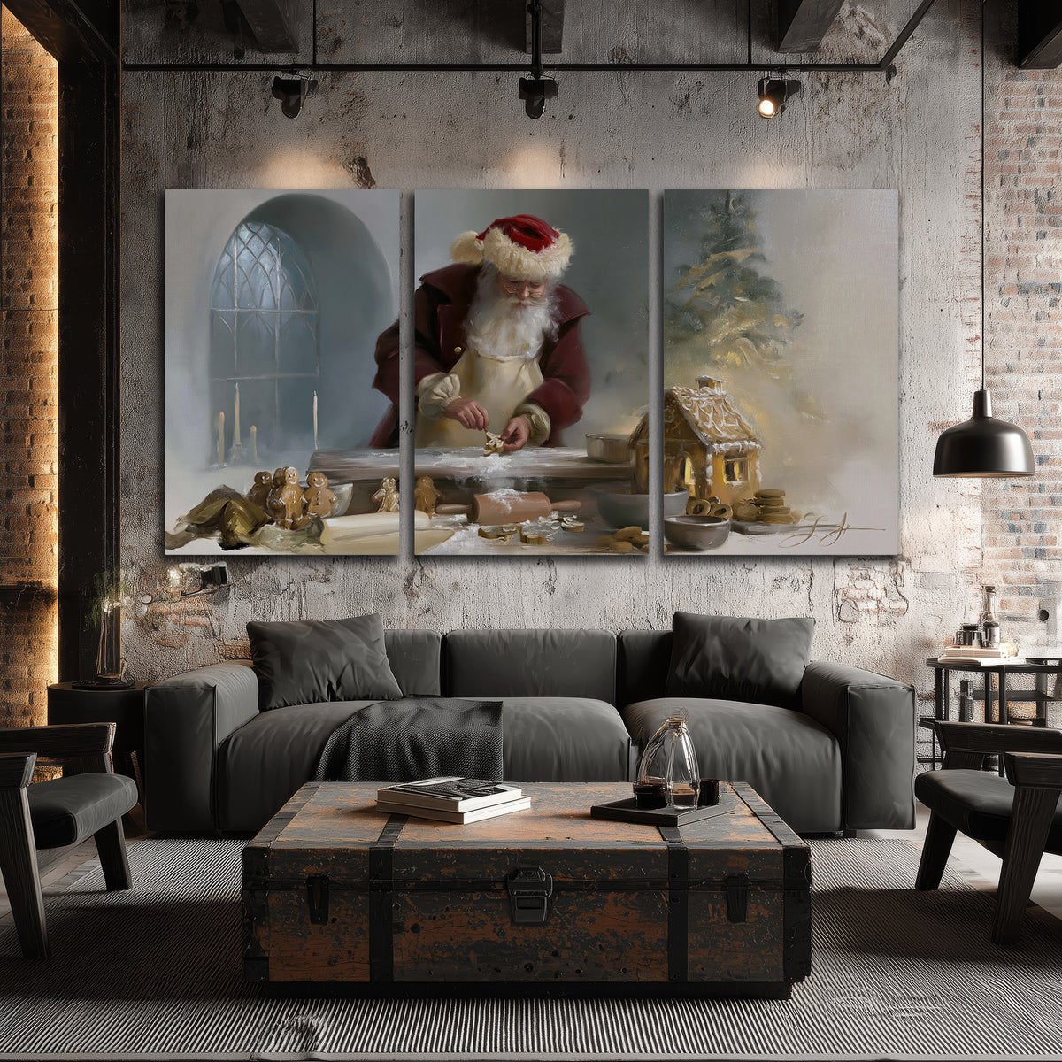 Santa working with dough beside a gingerbread house in a softly lit Christmas kitchen 3 piece canvas wall art displayed in a industrial room