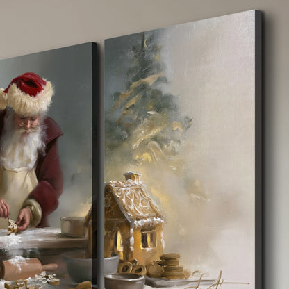 Santa working with dough beside a gingerbread house in a softly lit Christmas kitchen 3 piece canvas wall art room and product view