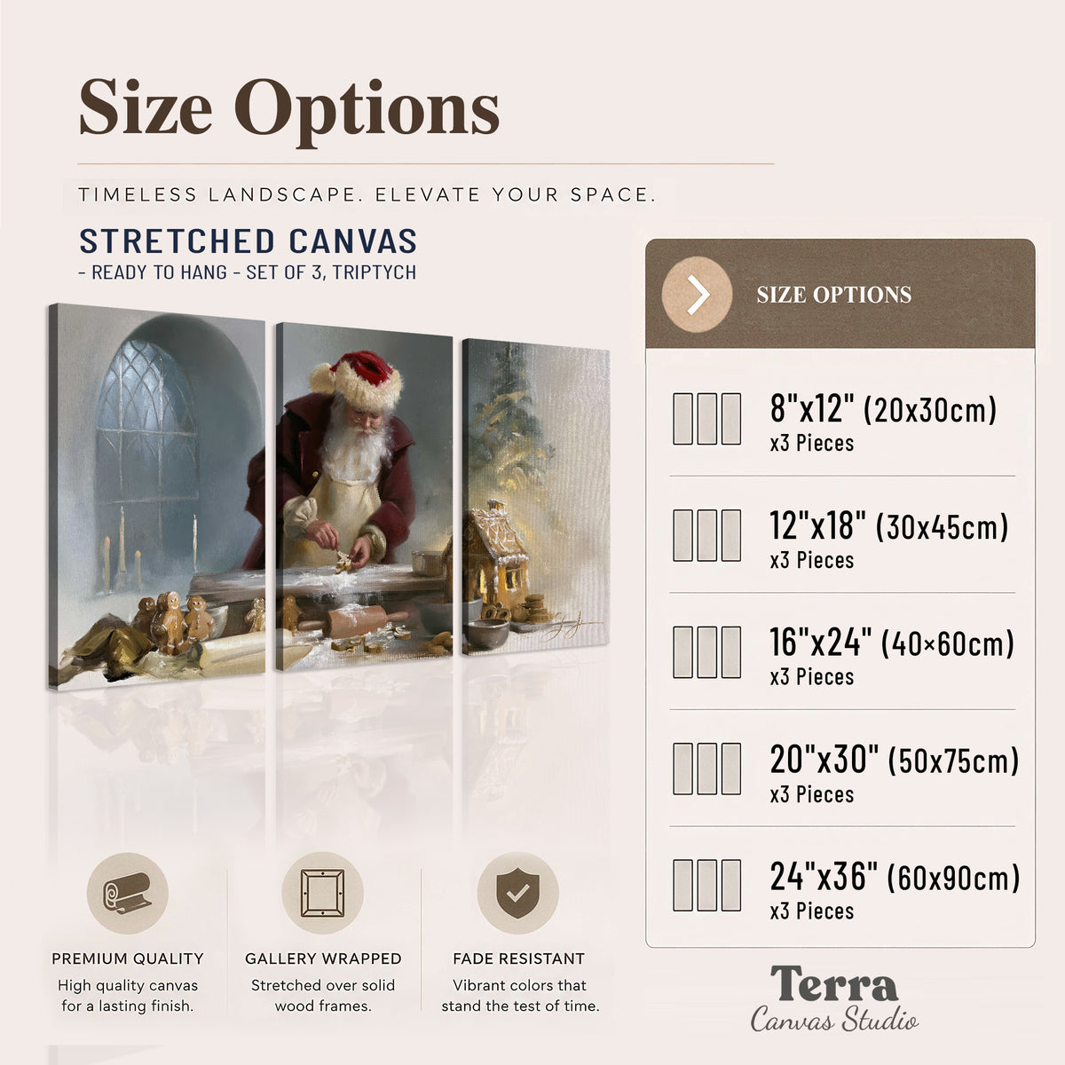 Santa working with dough beside a gingerbread house in a softly lit Christmas kitchen 3 piece canvas wall art available dimensions; triptych dimensions are per panel