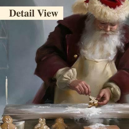 Santa working with dough beside a gingerbread house in a softly lit Christmas kitchen 3 piece canvas wall art artwork detail close up