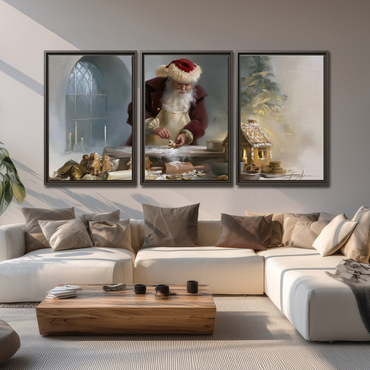 Santa working with dough beside a gingerbread house in a softly lit Christmas kitchen 3 piece framed canvas wall art displayed in a living room
