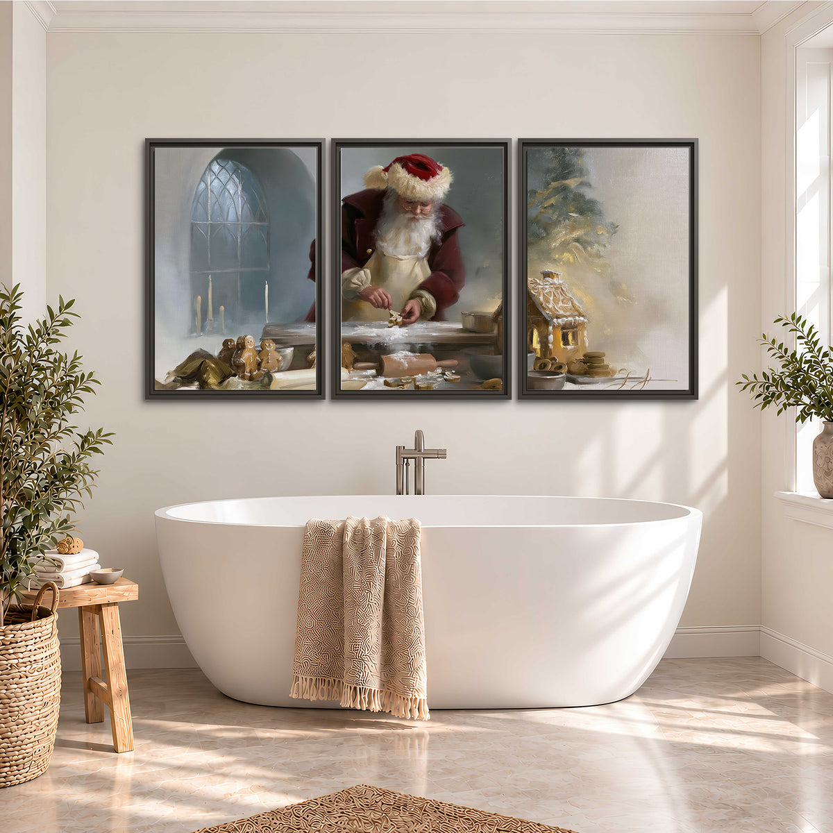Santa working with dough beside a gingerbread house in a softly lit Christmas kitchen 3 piece framed canvas wall art styled in an interior