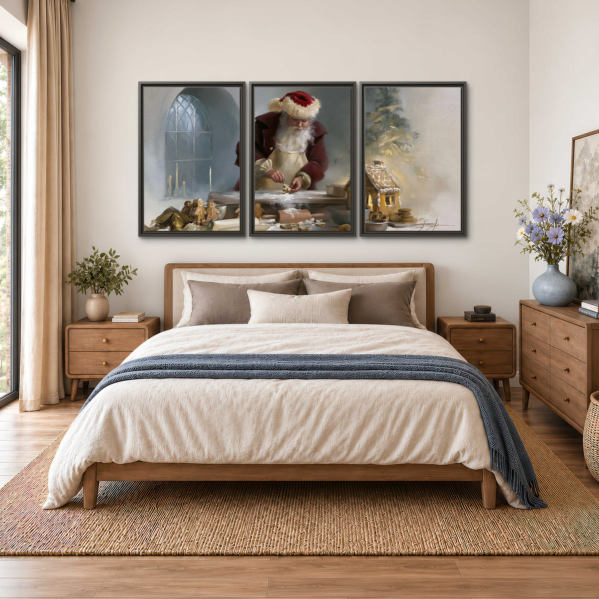 Santa working with dough beside a gingerbread house in a softly lit Christmas kitchen 3 piece framed canvas wall art styled in an interior