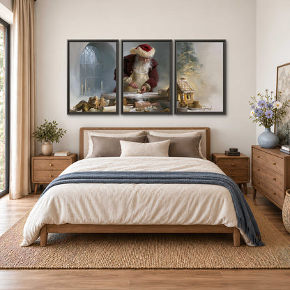 Santa working with dough beside a gingerbread house in a softly lit Christmas kitchen 3 piece framed canvas wall art styled in an interior