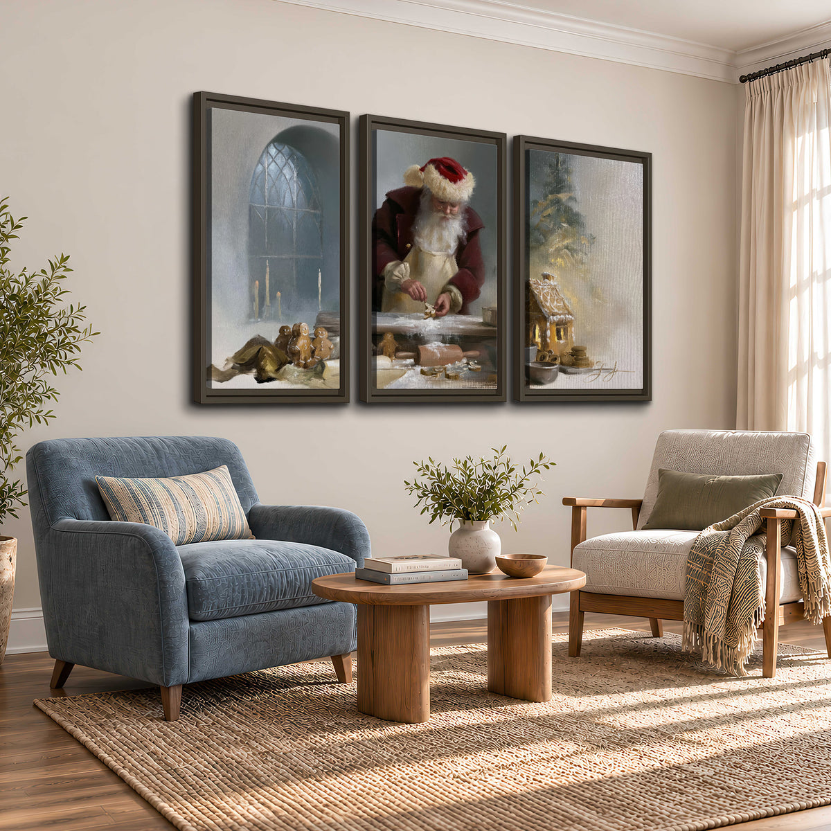 Santa working with dough beside a gingerbread house in a softly lit Christmas kitchen 3 piece framed canvas wall art styled in an interior