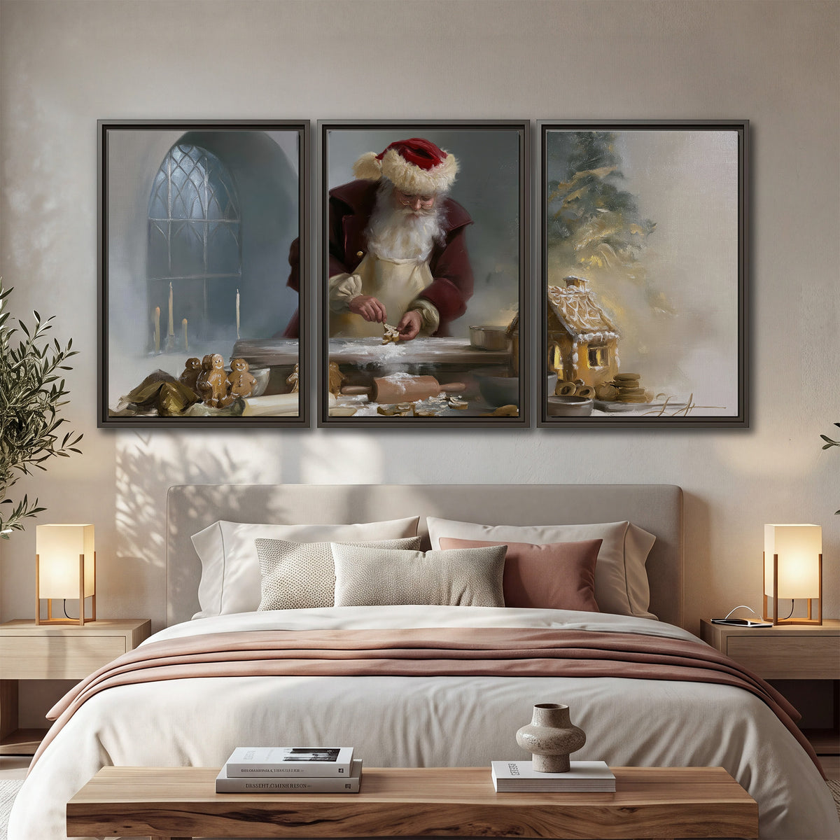 Santa working with dough beside a gingerbread house in a softly lit Christmas kitchen 3 piece framed canvas wall art displayed in a bedroom