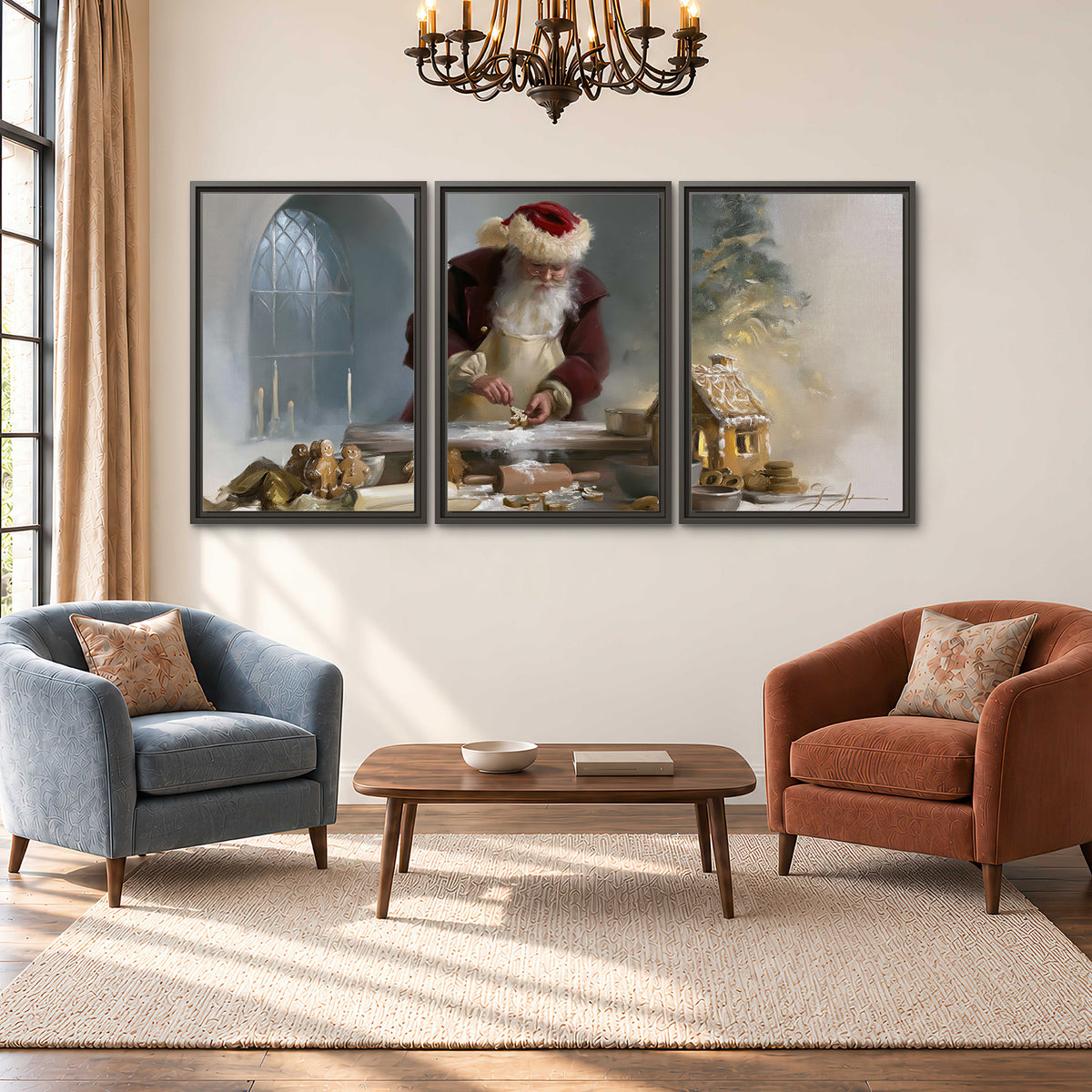 Santa working with dough beside a gingerbread house in a softly lit Christmas kitchen 3 piece framed canvas wall art styled in an interior