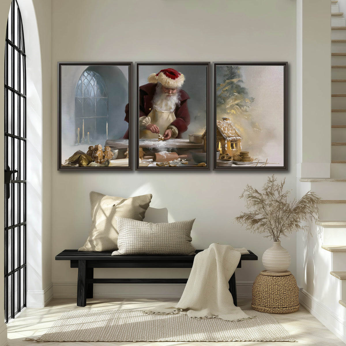 Santa working with dough beside a gingerbread house in a softly lit Christmas kitchen 3 piece framed canvas wall art displayed in a entryway
