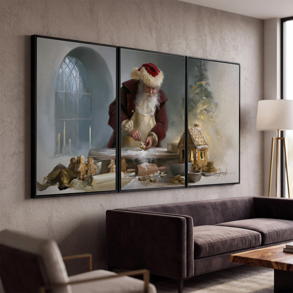 Santa working with dough beside a gingerbread house in a softly lit Christmas kitchen 3 piece framed canvas wall art displayed in a modern living room