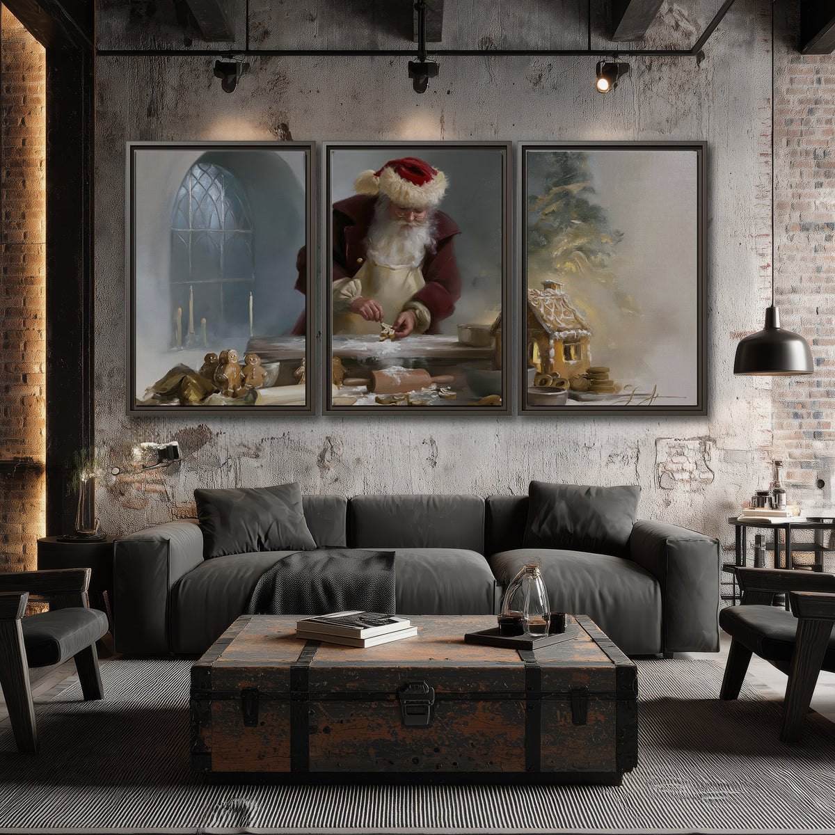 Santa working with dough beside a gingerbread house in a softly lit Christmas kitchen 3 piece framed canvas wall art displayed in a industrial room