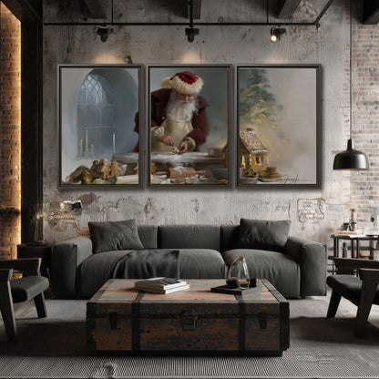 Santa working with dough beside a gingerbread house in a softly lit Christmas kitchen 3 piece framed canvas wall art displayed in a industrial room