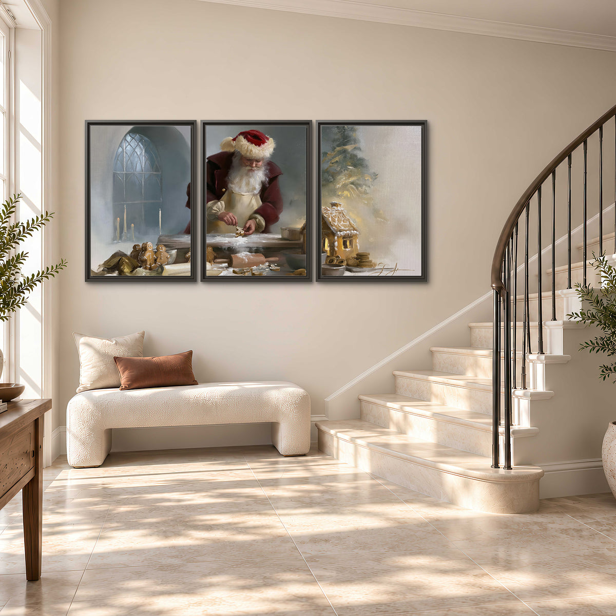 Santa working with dough beside a gingerbread house in a softly lit Christmas kitchen 3 piece framed canvas wall art styled in an interior
