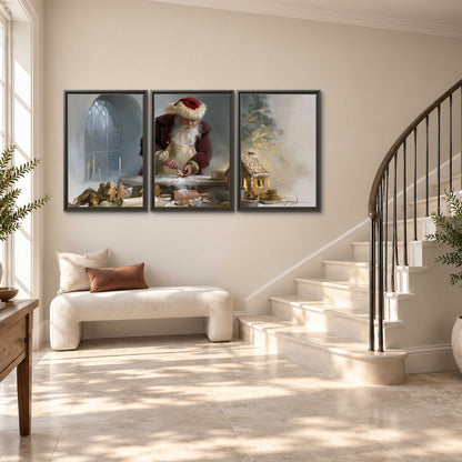 Santa working with dough beside a gingerbread house in a softly lit Christmas kitchen 3 piece framed canvas wall art styled in an interior