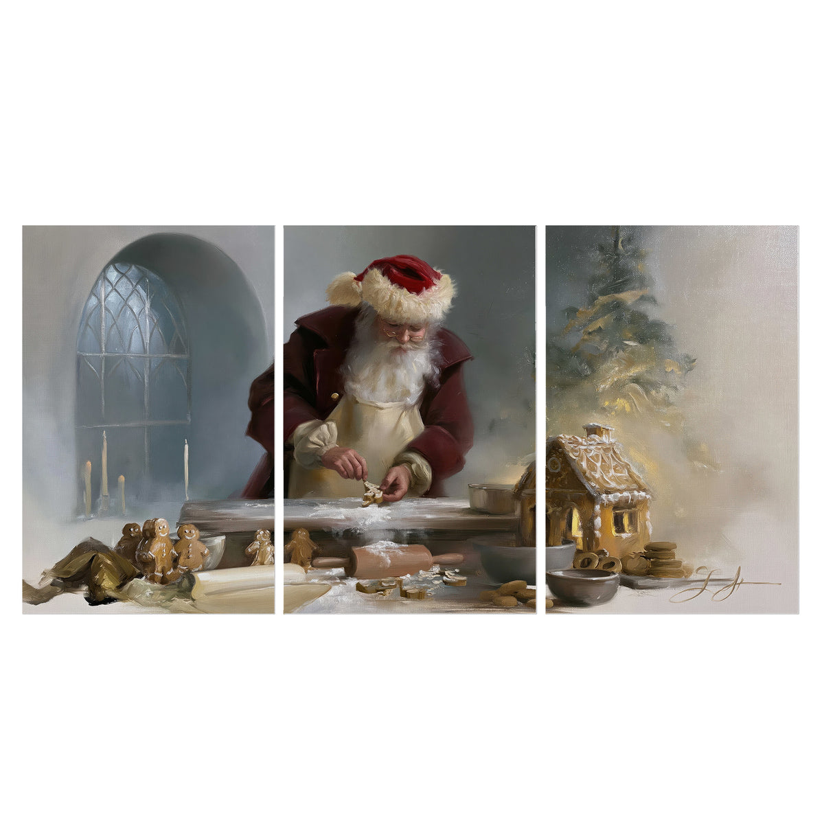 Santa working with dough beside a gingerbread house in a softly lit Christmas kitchen set of 3 poster prints viewed straight on