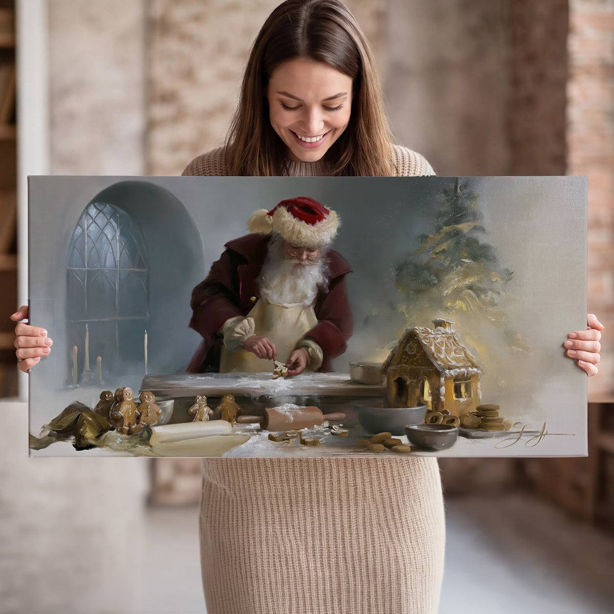 Santa working with dough beside a gingerbread house in a softly lit Christmas kitchen single canvas wall art held in hands