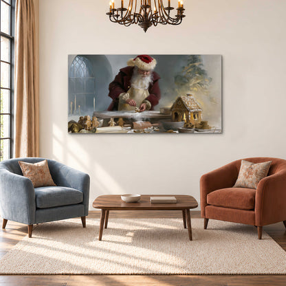 Santa working with dough beside a gingerbread house in a softly lit Christmas kitchen single canvas wall art styled in an interior