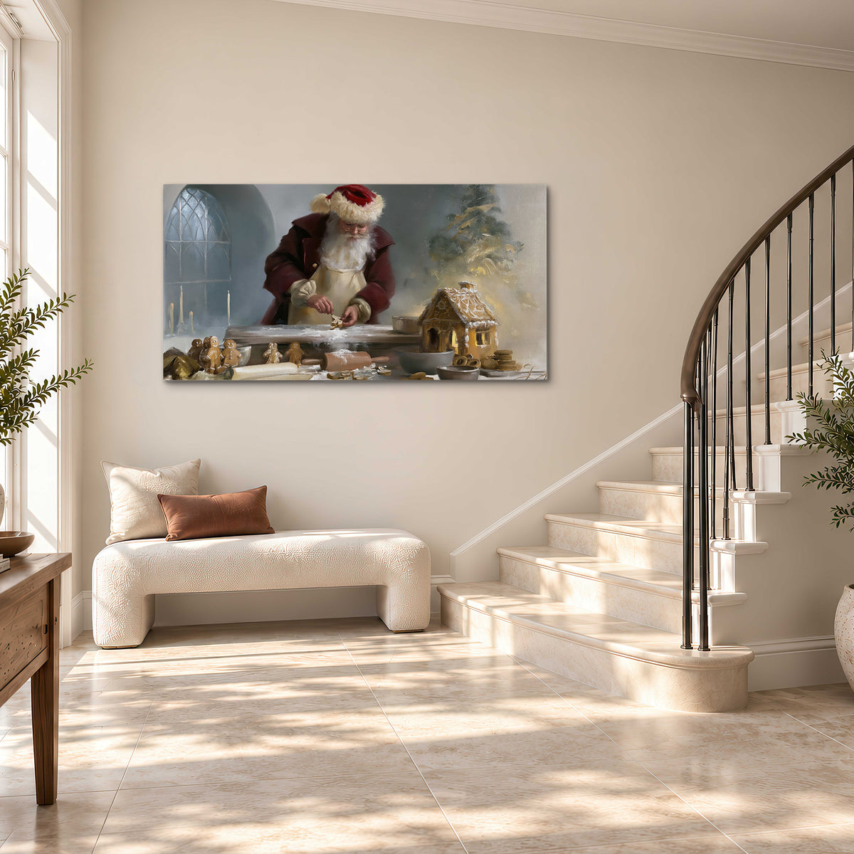 Santa working with dough beside a gingerbread house in a softly lit Christmas kitchen single canvas wall art styled in an interior