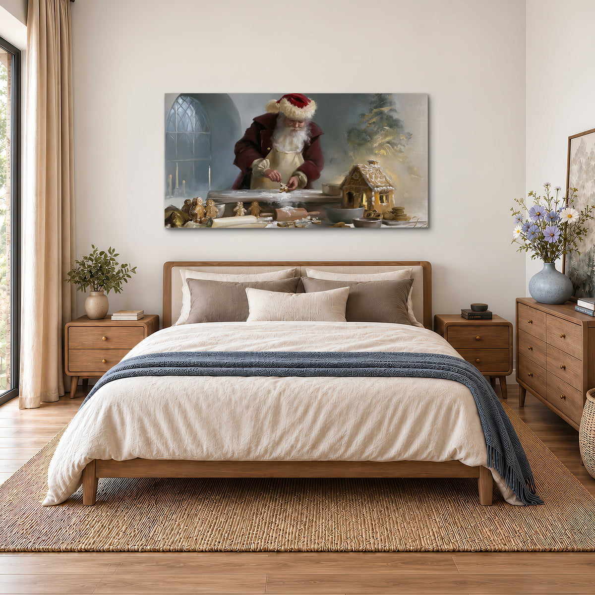 Santa working with dough beside a gingerbread house in a softly lit Christmas kitchen single canvas wall art styled in an interior