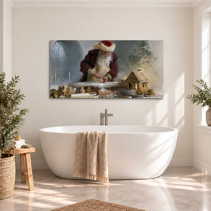 Santa working with dough beside a gingerbread house in a softly lit Christmas kitchen single canvas wall art styled in an interior