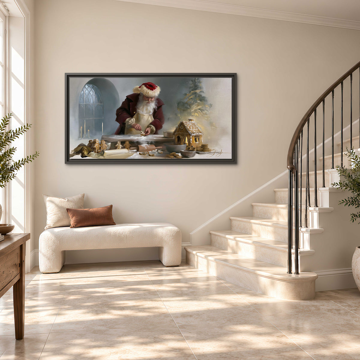 Santa working with dough beside a gingerbread house in a softly lit Christmas kitchen single framed canvas wall art styled in an interior