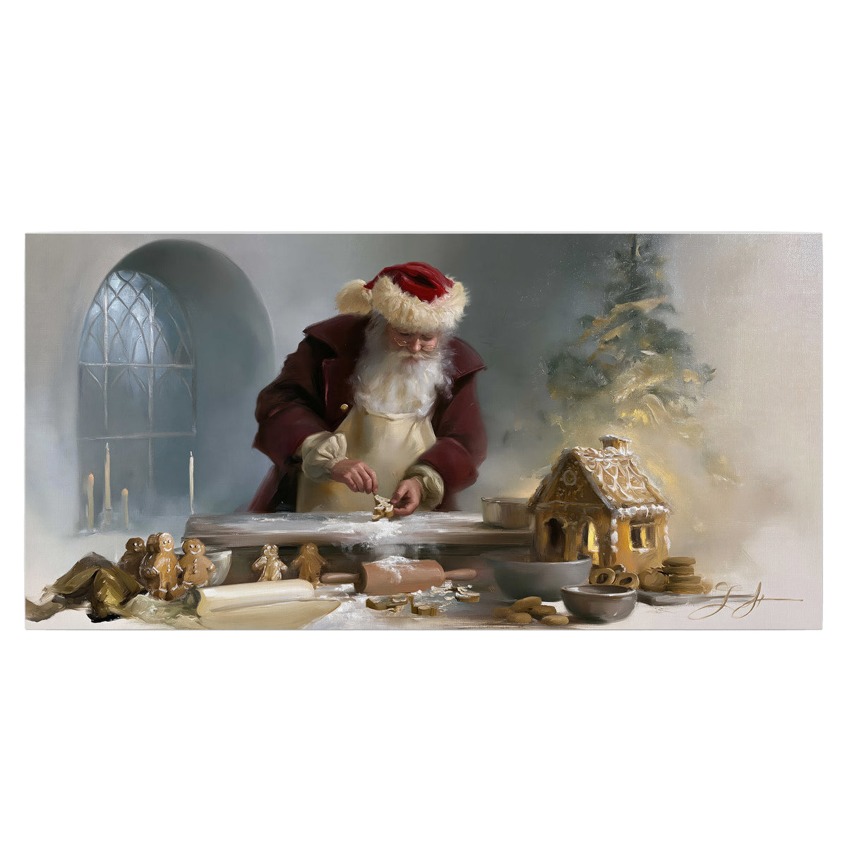 Santa working with dough beside a gingerbread house in a softly lit Christmas kitchen single poster print viewed straight on