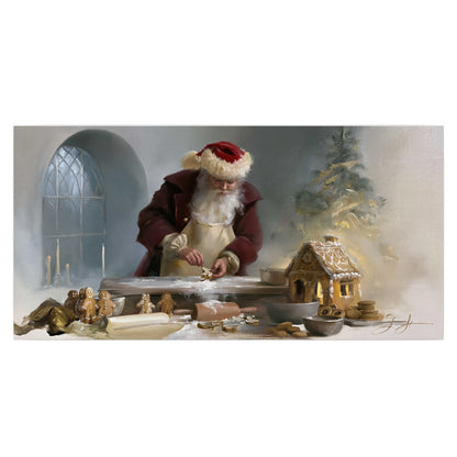 Santa working with dough beside a gingerbread house in a softly lit Christmas kitchen single poster print viewed straight on