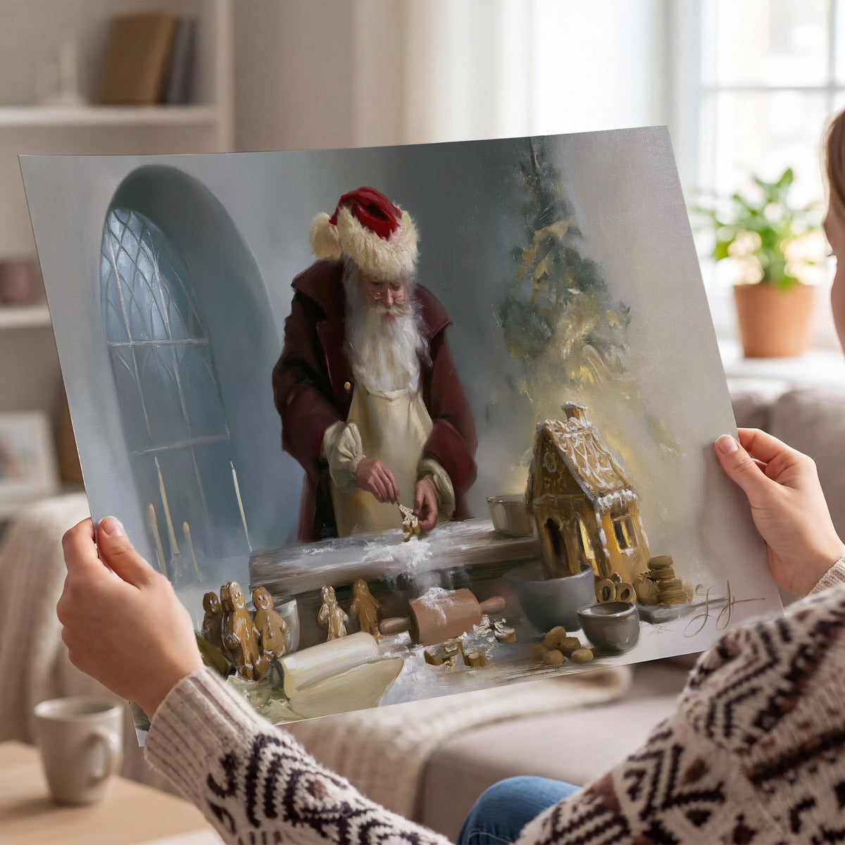 Santa working with dough beside a gingerbread house in a softly lit Christmas kitchen single poster print held in hands