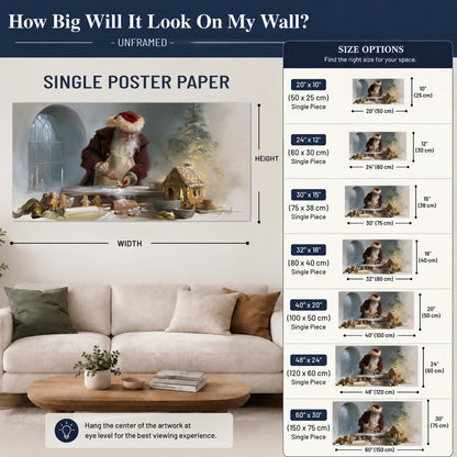 Santa working with dough beside a gingerbread house in a softly lit Christmas kitchen single poster print size guide above a sofa; room view is illustrative