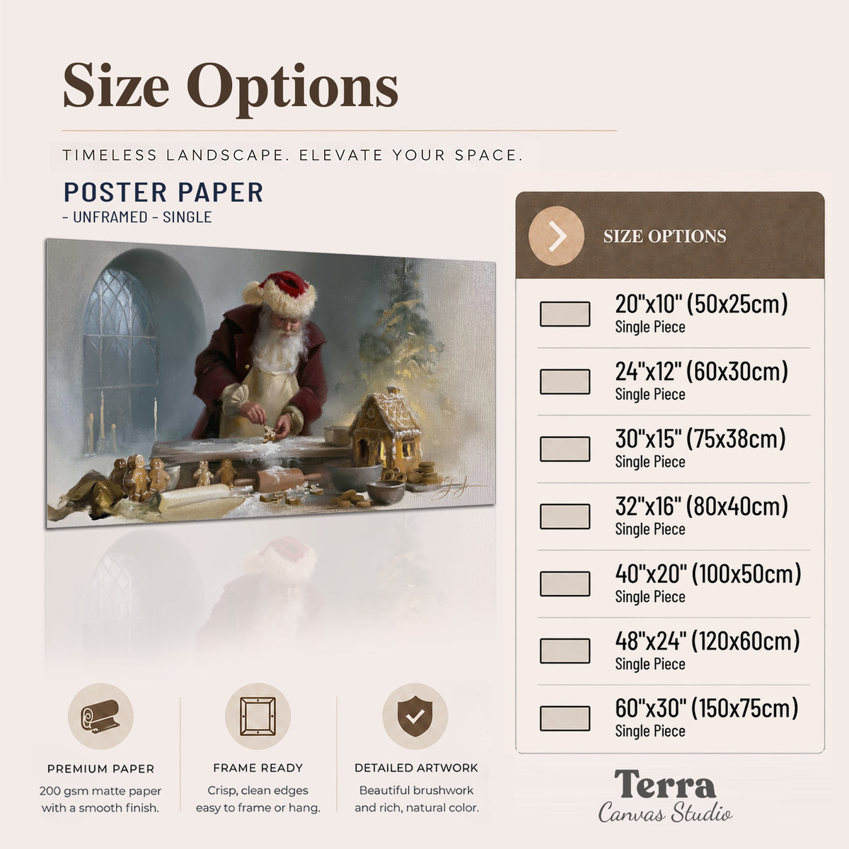 Santa working with dough beside a gingerbread house in a softly lit Christmas kitchen single poster print available dimensions