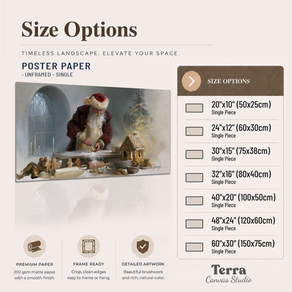 Santa working with dough beside a gingerbread house in a softly lit Christmas kitchen single poster print available dimensions