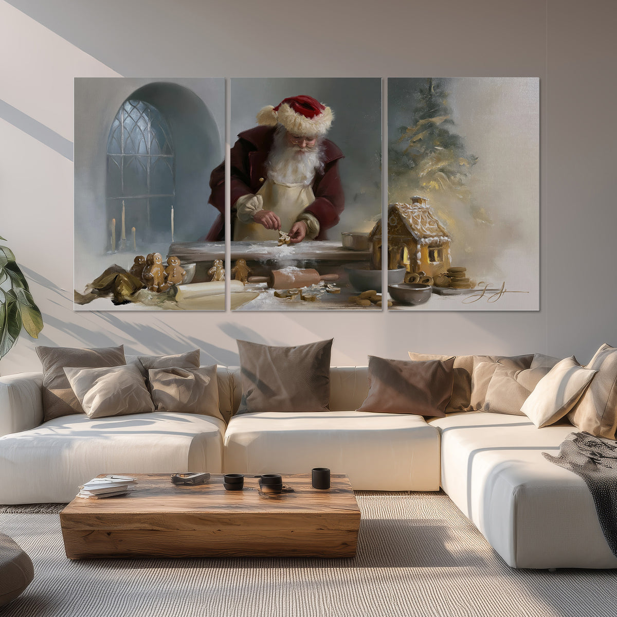 Santa working with dough beside a gingerbread house in a softly lit Christmas kitchen set of 3 poster prints displayed in a living room