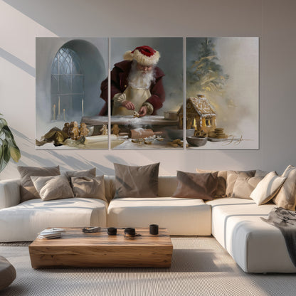 Santa working with dough beside a gingerbread house in a softly lit Christmas kitchen set of 3 poster prints displayed in a living room