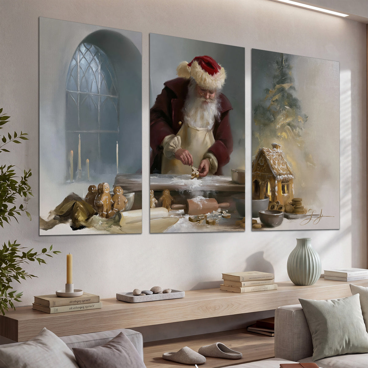Santa working with dough beside a gingerbread house in a softly lit Christmas kitchen set of 3 poster prints displayed in a console