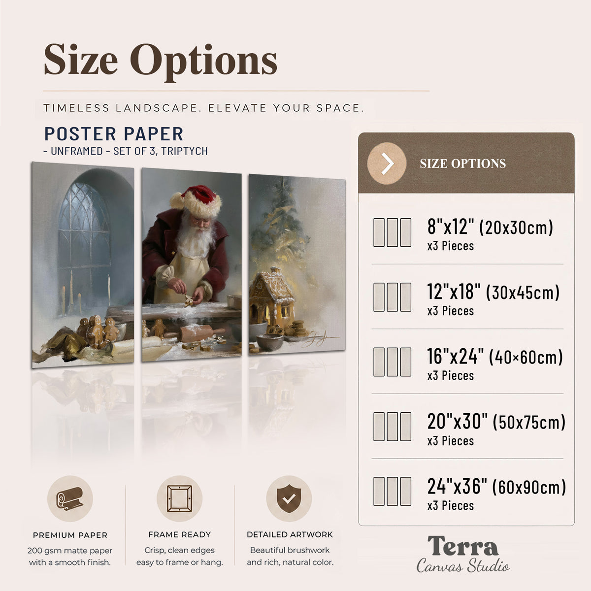 Santa working with dough beside a gingerbread house in a softly lit Christmas kitchen set of 3 poster prints available dimensions; triptych dimensions are per panel