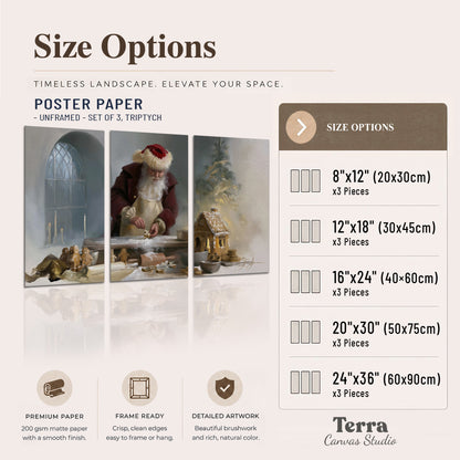 Santa working with dough beside a gingerbread house in a softly lit Christmas kitchen set of 3 poster prints available dimensions; triptych dimensions are per panel