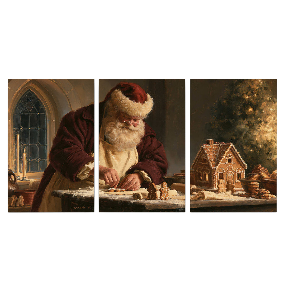 Santa shaping a gingerbread creation at a worktable beside a glowing Christmas tree 3 piece canvas wall art viewed straight on