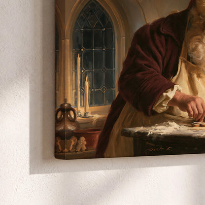 Santa shaping a gingerbread creation at a worktable beside a glowing Christmas tree 3 piece canvas wall art material and edge close up