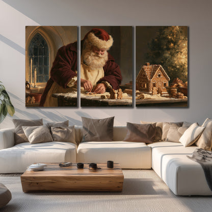 Santa shaping a gingerbread creation at a worktable beside a glowing Christmas tree 3 piece canvas wall art displayed in a living room