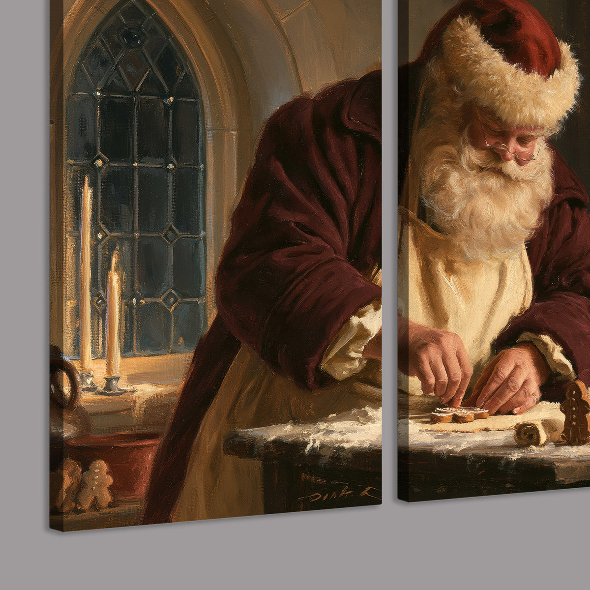 Santa shaping a gingerbread creation at a worktable beside a glowing Christmas tree 3 piece canvas wall art room and product view