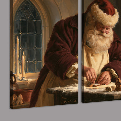 Santa shaping a gingerbread creation at a worktable beside a glowing Christmas tree 3 piece canvas wall art room and product view