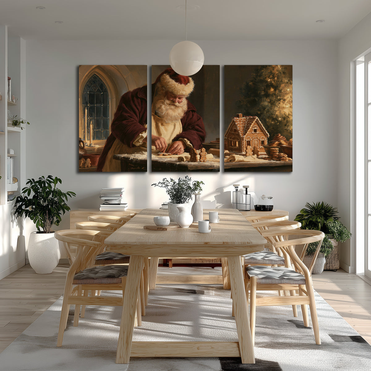 Santa shaping a gingerbread creation at a worktable beside a glowing Christmas tree 3 piece canvas wall art room and product view