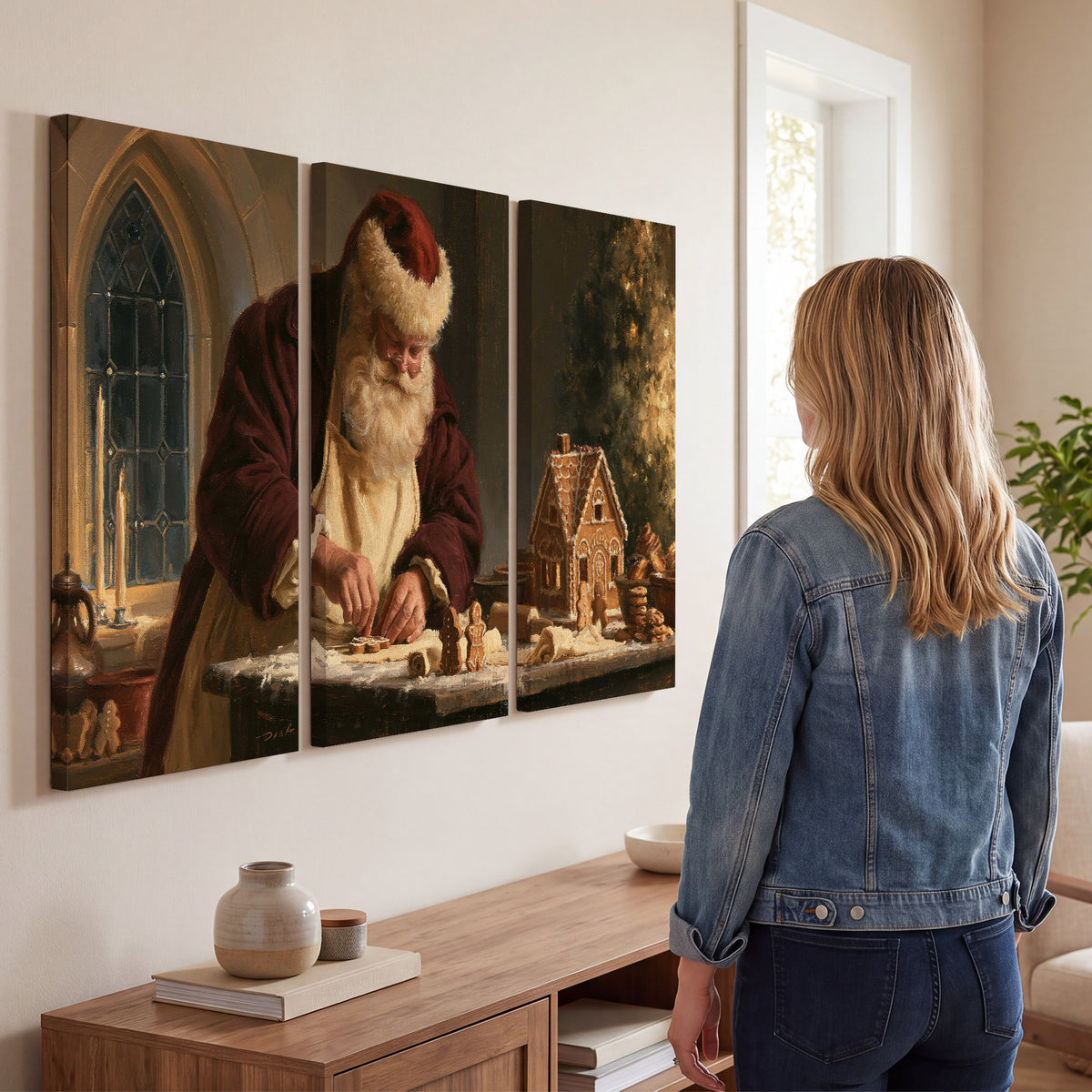 Santa shaping a gingerbread creation at a worktable beside a glowing Christmas tree 3 piece canvas wall art three panel arrangement on a wall
