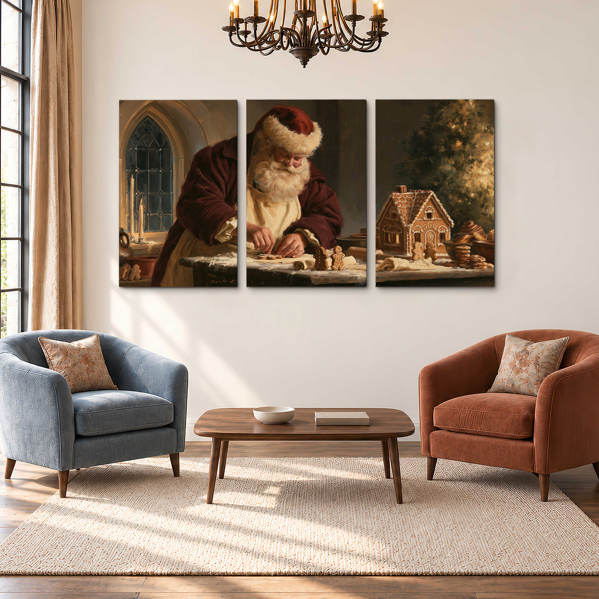 Santa shaping a gingerbread creation at a worktable beside a glowing Christmas tree 3 piece canvas wall art styled in an interior