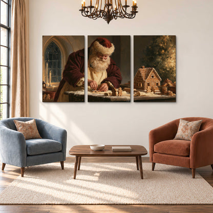 Santa shaping a gingerbread creation at a worktable beside a glowing Christmas tree 3 piece canvas wall art styled in an interior
