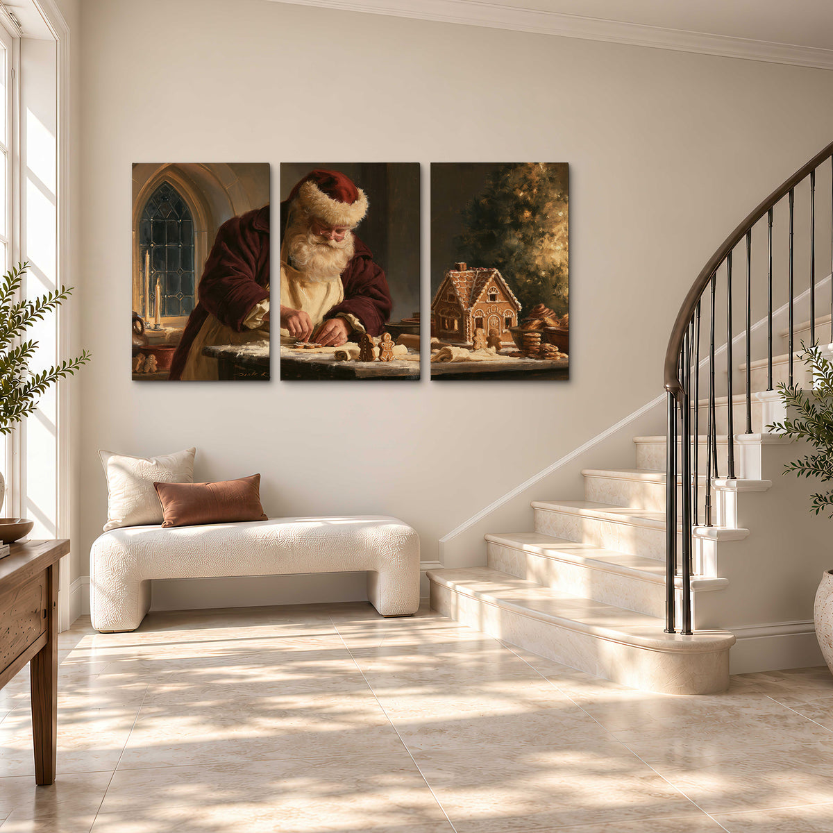 Santa shaping a gingerbread creation at a worktable beside a glowing Christmas tree 3 piece canvas wall art styled in an interior