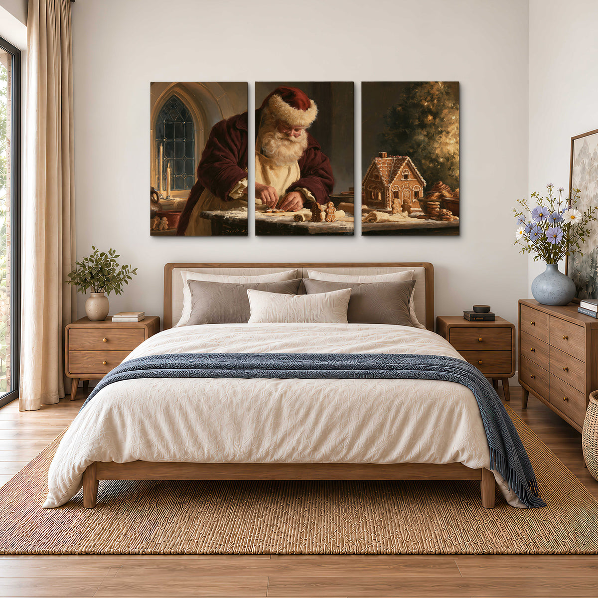 Santa shaping a gingerbread creation at a worktable beside a glowing Christmas tree 3 piece canvas wall art styled in an interior