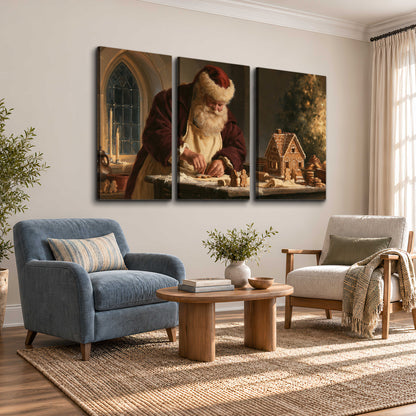 Santa shaping a gingerbread creation at a worktable beside a glowing Christmas tree 3 piece canvas wall art styled in an interior