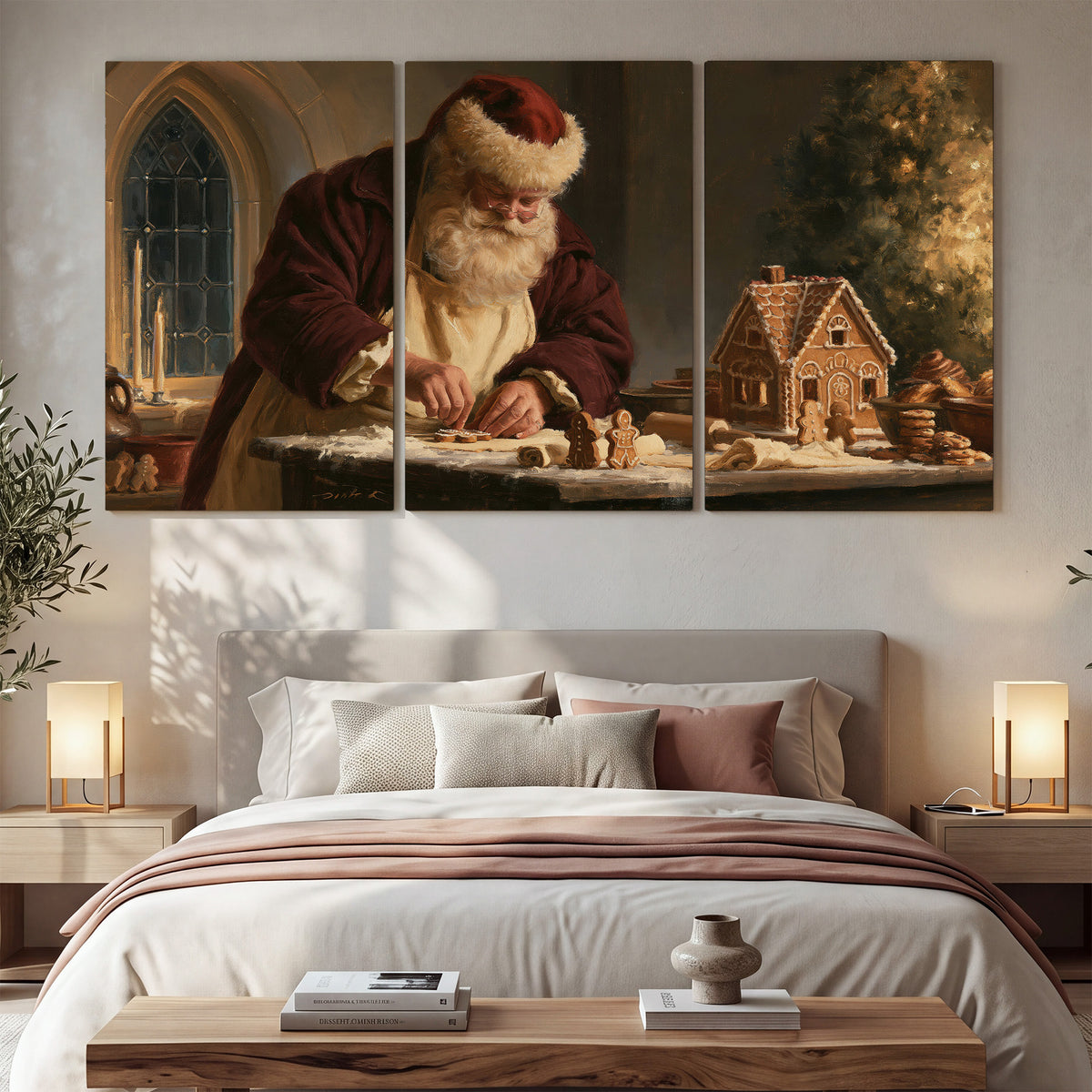 Santa shaping a gingerbread creation at a worktable beside a glowing Christmas tree 3 piece canvas wall art displayed in a bedroom